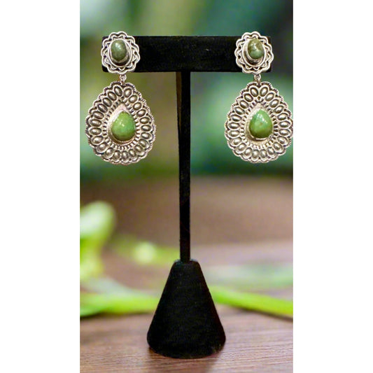 Green Turquoise Two Stone Dangle Earrings 
Sterling Silver 1.5”