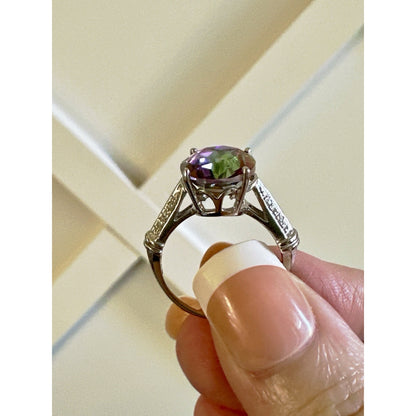 4.58 Carat Genuine 10K MYSTIC Topaz 8 Diamond White Gold Ring Size 7