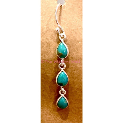 Three Stone Teardrop Turquoise Dangle Earrings| Sterling Silver 2”