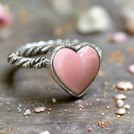Pink Conch Heart Rope Sterling Silver Ring Size 6.5
