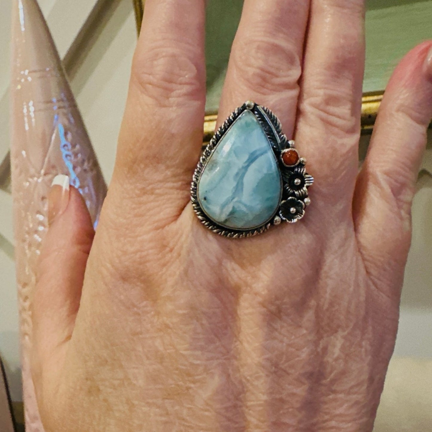 Larimar & Italian Coral southwestern Ring .925 Size 8.5