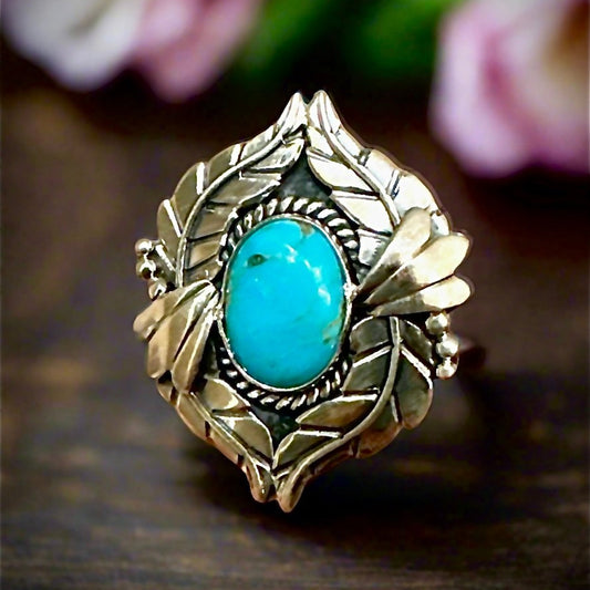 Kingman Blue Turquoise Oval Leaf Feather Sterling Silver Ring Size 7,8