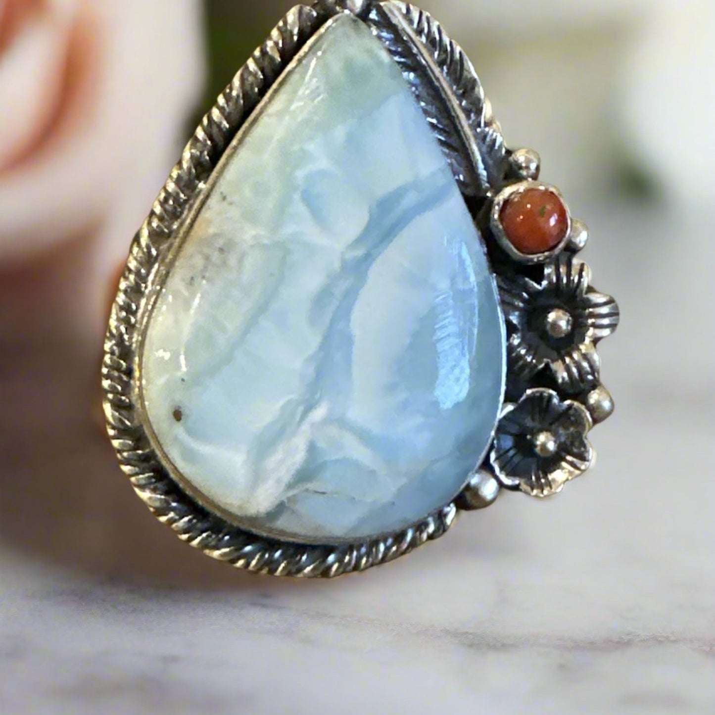 Larimar & Italian Coral southwestern Ring .925 Size 8.5