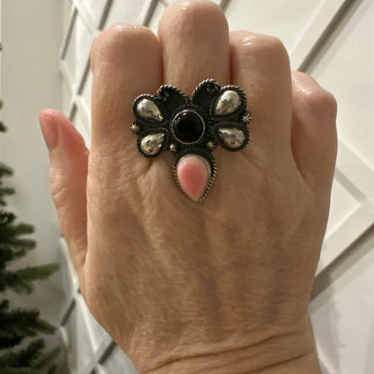 Onyx & Pink Conch Dragonfly Sterling Silver Ring Size 8.25