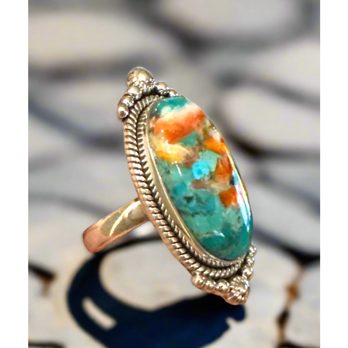 Spiny Oyster Oval Rope Design Southwestern Sterling Silver Ring Size 9