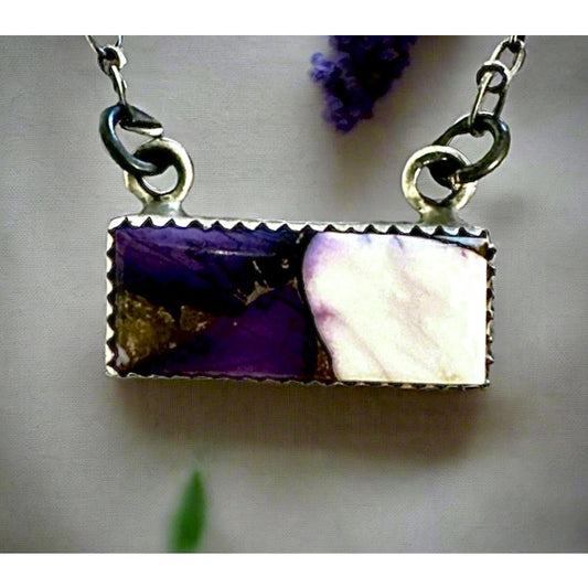 Purple Spiny Oyster Southwestern Bar Necklace 18” Sterling Silver