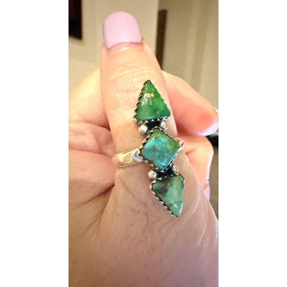 Sonoran Gold  Turquoise Three Stone Diamond Shape Sterling Ring Size 5-11 Adjustable