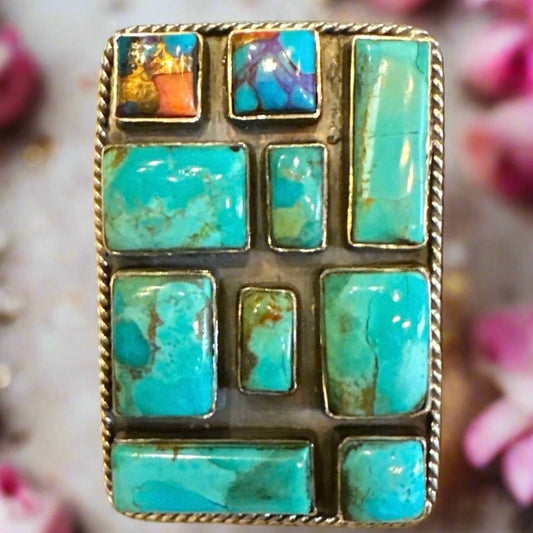 HUGE Turquoise  Spiny Oyster Square Ring Adjustable