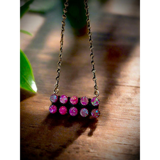 Fire Opal Cluster Bar Sterling Silver Adjustable Necklace 18”