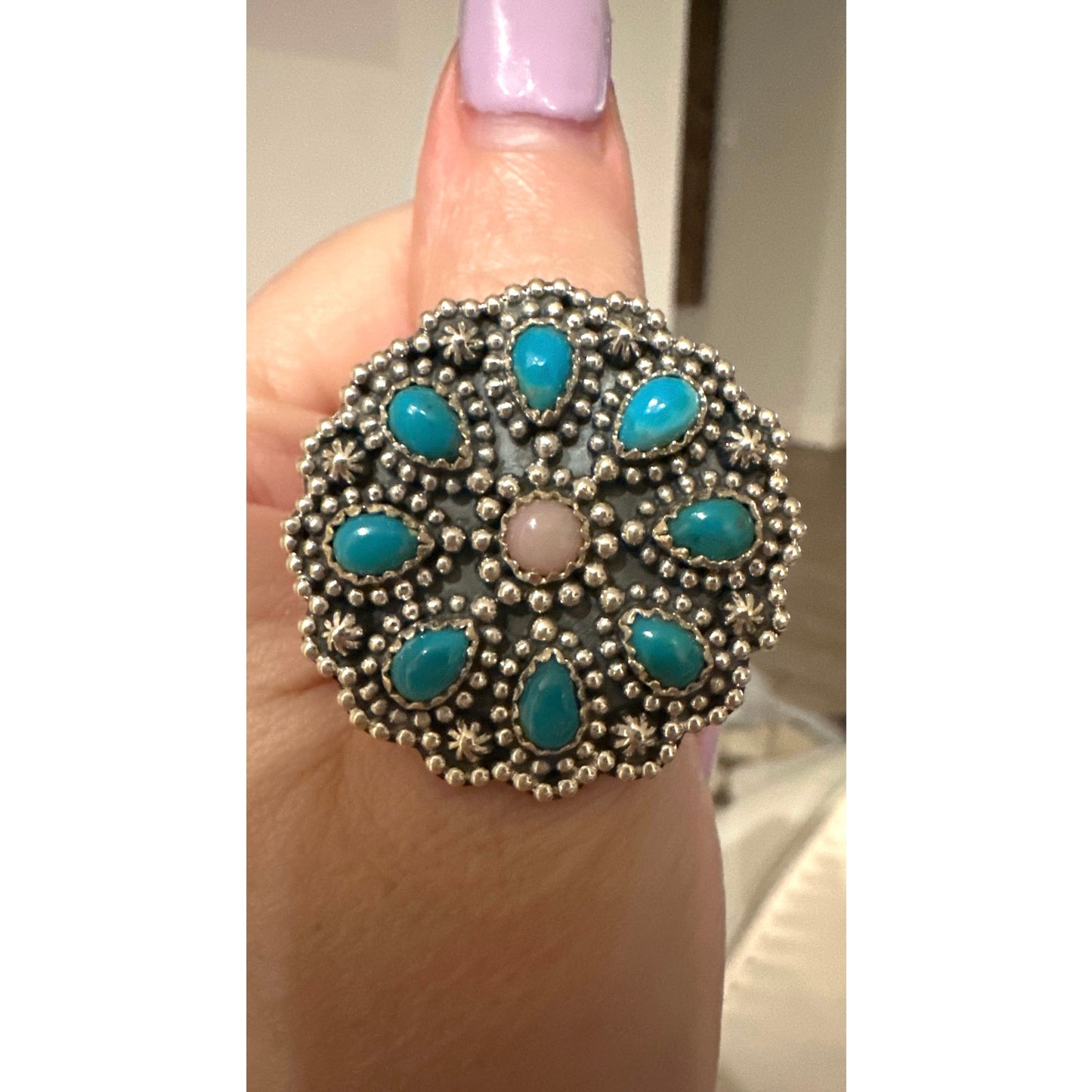 Kingman Turquoise & Pink Opal Floral Dots Southwestern Ring Size 7.75