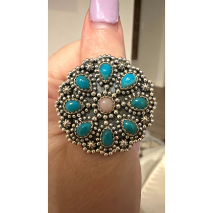 Kingman Turquoise & Pink Opal Floral Dots Southwestern Ring Size 7.75