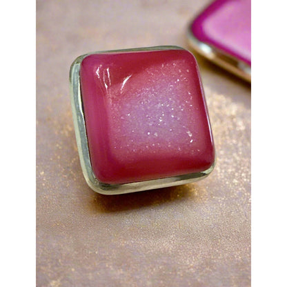 Pink Agate Druzy Square Statement Silver Ring Size 7.25