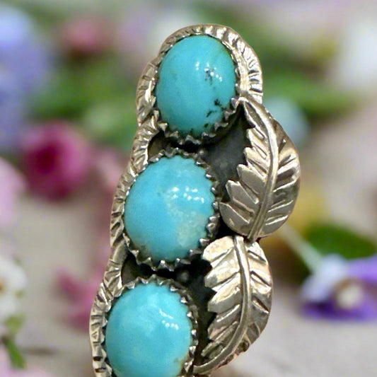 Three Stone Turquoise Sterling Silver Ring Size 9