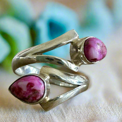 Pink Rose Dahlia Kingman Turquoise Bypass Ring Size 7