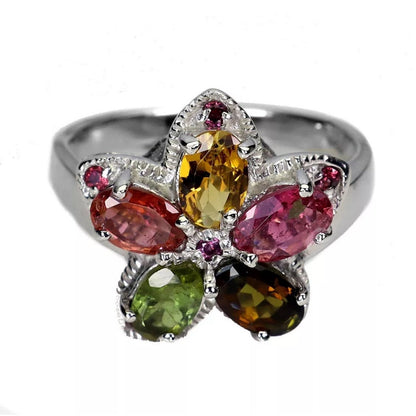 Size 8 Tanzanite, Citrine, Rhodolite, Peridot Flower Ring in .925 Sterling Silve