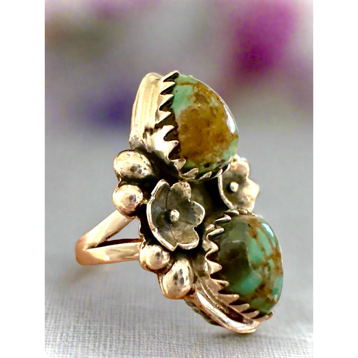 Royston Two Stone Teardrop Floral Sterling Ring Size 7