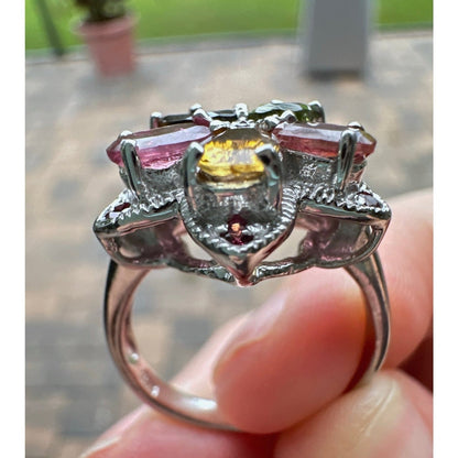Size 8 Tanzanite, Citrine, Rhodolite, Peridot Flower Ring in .925 Sterling Silve