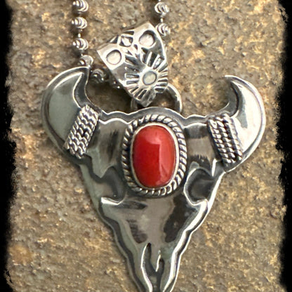 Gorgeous Coral Bulls head Southwestern Pendant 1.5”