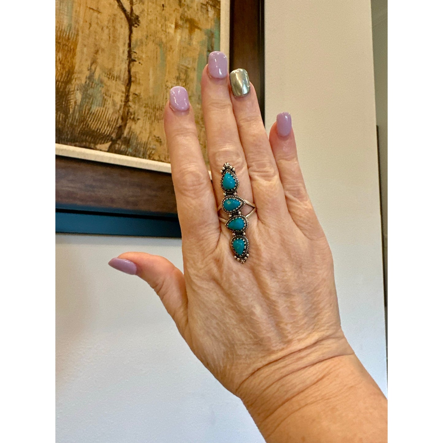 Turquoise Four Stone Long Southwestern Sterling Silver Ring Size 8