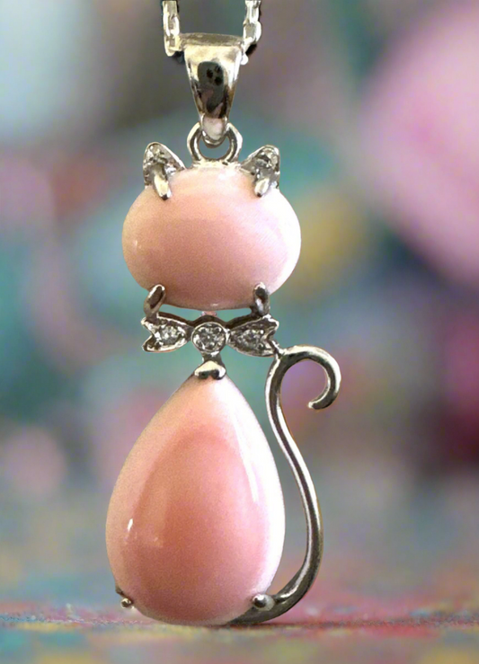 Genuine Pink Conch & CZ Cat Pendant & Free .925 Chain 16”