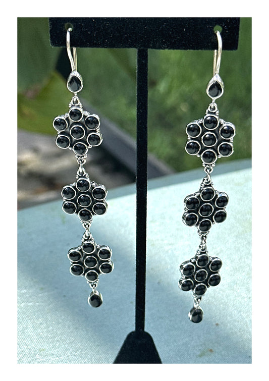 Southwestern Natural Onyx .925 Sterling Dangle Flower Earrings 4.5” Long!