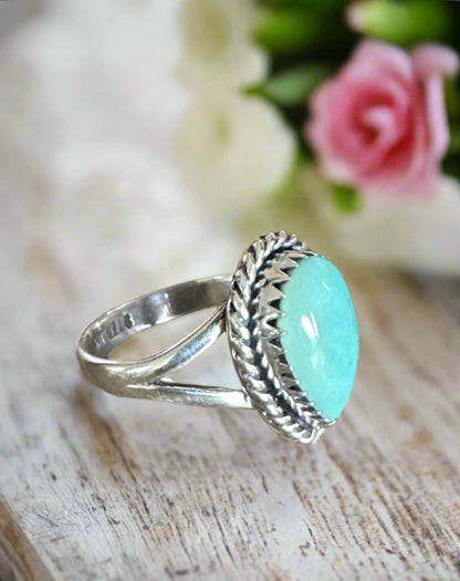 Southwestern Rope Design Turquoise Sterling Silver Ring Size 7