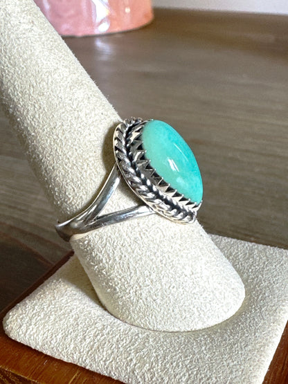 Southwestern Rope Design Turquoise Sterling Silver Ring Size 7