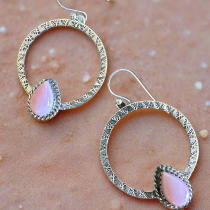 Pink Conch Southwestern Hoop earrings .925 Sterling Silver 1.5” Around