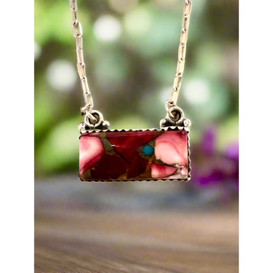 Red Rose Dahlia Southwestern Bar Necklace 18” Adjustable
