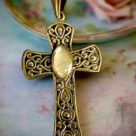 Vintage Mother of Pearl Filagree Sterling Silver Religious Cross Pendant