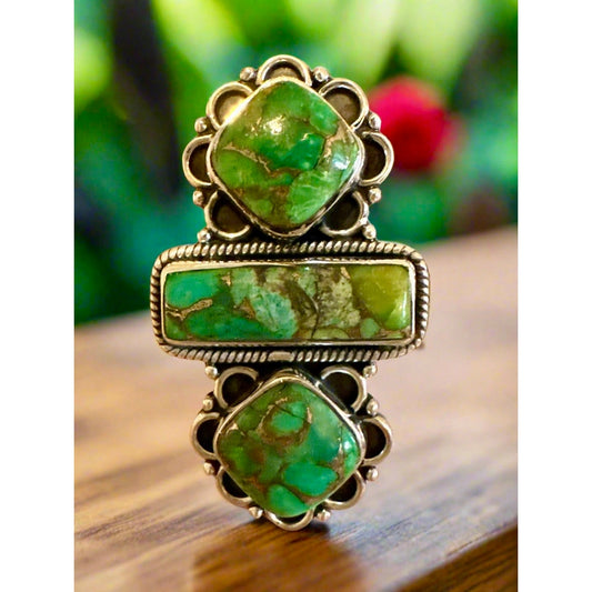 Copper Green Turquoise Three Stone Sterling Size Adjustable