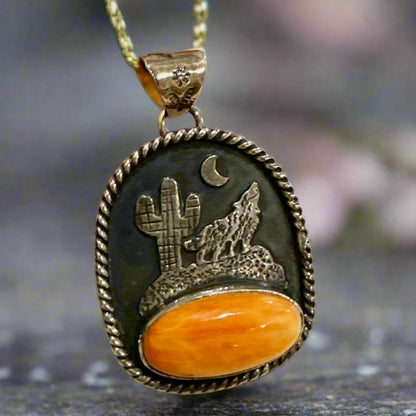 Spiny Oyster Cactus Wolf Moon Pendant Sterling Silver 1.5”
