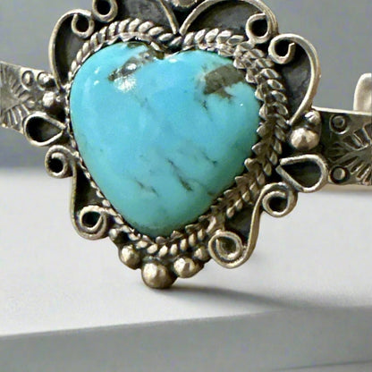Turquoise Heart Cuff Sterling Silver Adjustable Bracelet