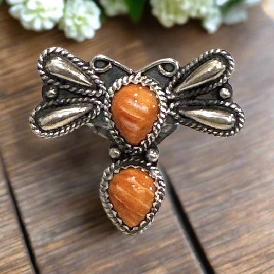 Orange Spiny Oyster Butterfly Ring .925 Sterling Silver Size 9