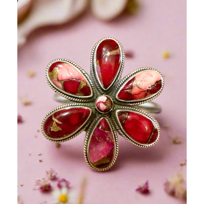Red Rose Dahlia Flower Cluster Rope Design Ring Size 8
