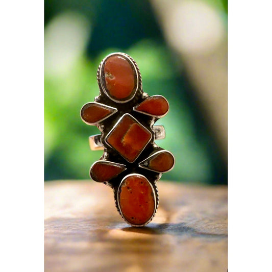 Coral Southwestern Sterling Silver Ring Adjustable Size 5-12