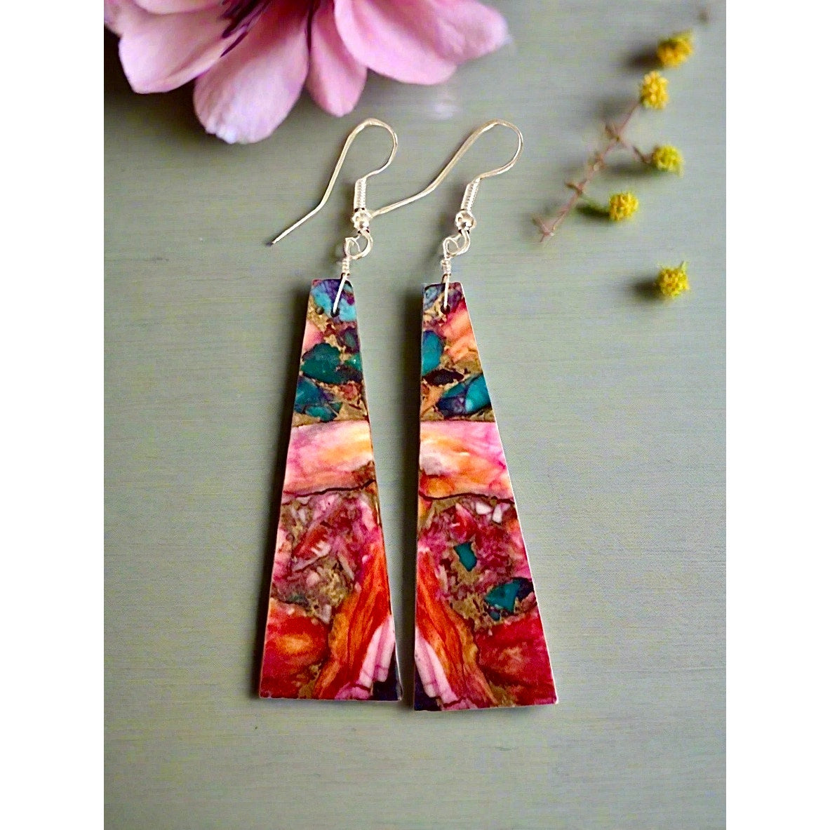 Pink Spiny Oyster Abstract 2.75” Long Dangle Earrings