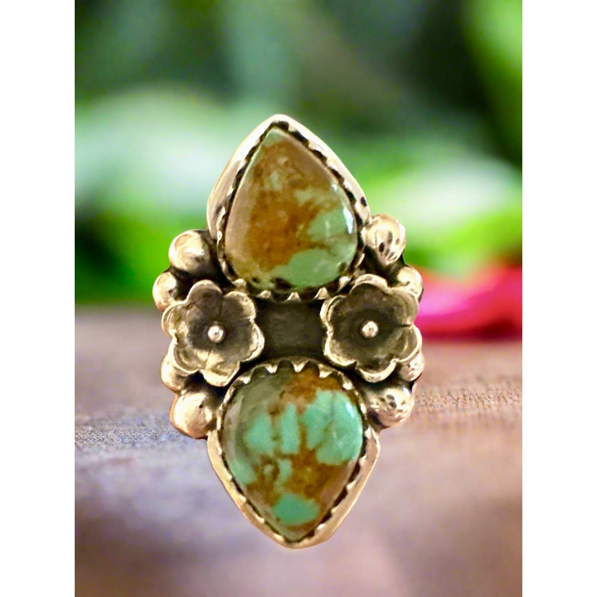 Royston Two Stone Teardrop Floral Sterling Ring Size 7
