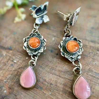 Pink Conch & Spiny Oyster Butterfly Sterling Dangle Earrings