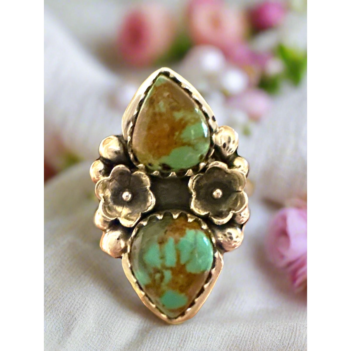 Royston Two Stone Teardrop Floral Sterling Ring Size 7