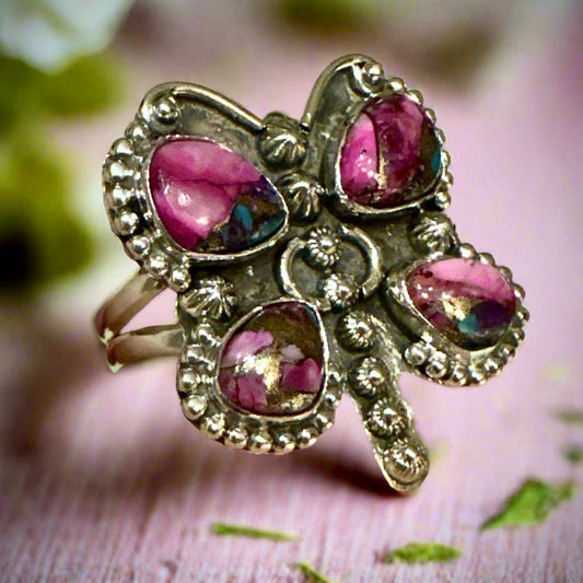 Pink Dahlia Spiny Oyster Butterfly Southwestern Sterling Silver Ring 6,7,8,9