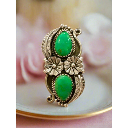 Green Turquoise Floral Leaf Feather Motif Sterling Size Adjustable 5-12