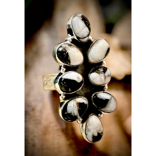 White Buffalo Southwestern Cluster Sterling Silver RIng Adjustable in Size