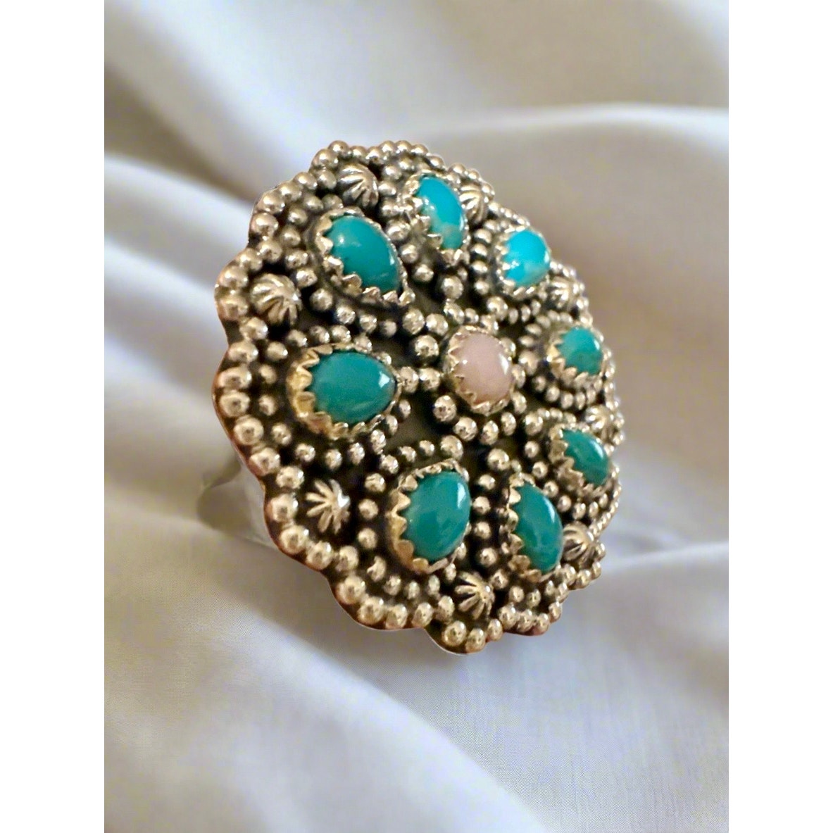 Kingman Turquoise & Pink Opal Floral Dots Southwestern Ring Size 7.75