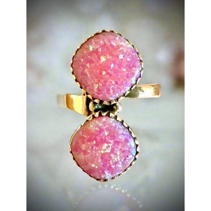 Pink Fire Aurora Opal Two Stone Ring Sterling Size 6-10