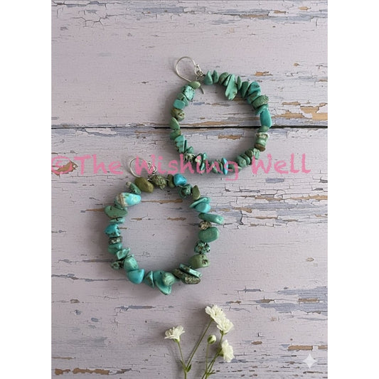 Genuine Turquoise Chip Hoop Dangle 925 Silver Earrings 2”