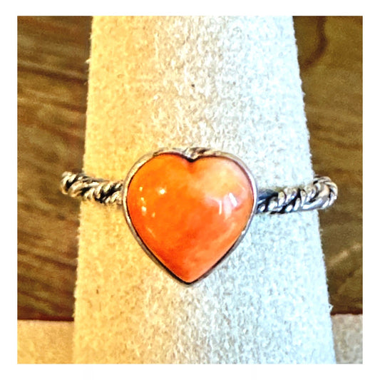 Natural spiny oyster heart rope twist .925 Sterling silver ring size 7.5