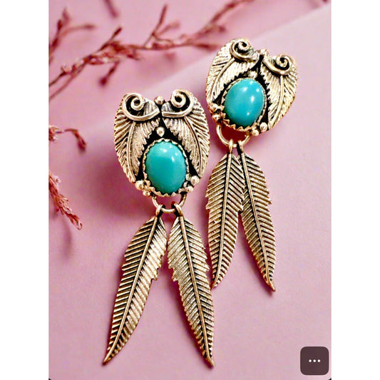 Turquoise Feather Dangle Native American Style Earrings 1.75” Long