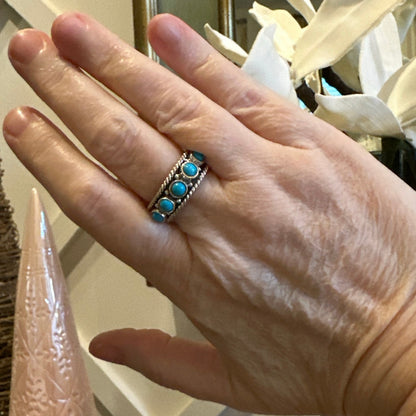 Turquoise 5 Stone .925 Sterling silver Band Ring Size 7.5