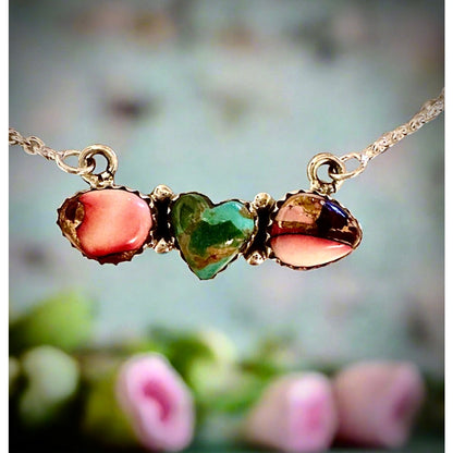 Sonoran Gold Turquoise & Rose Dahlia Heart Necklace 16-18”